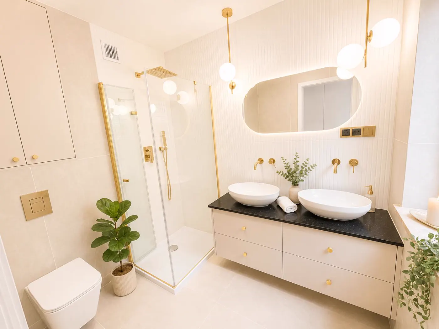Łazienka z prysznicem walk-in i podwójną umywalką